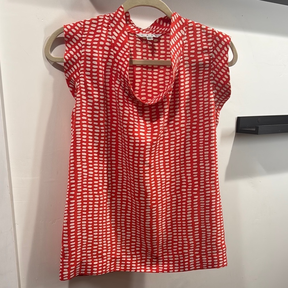 CAbi Red and White Mandarin Collar Blouse